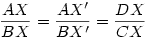 \frac{AX}{BX}=\frac{AX'}{BX'}=\frac{DX}{CX}