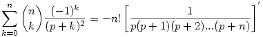 \sum_{k=0}^n \binom{n}{k} \frac{(-1)^k}{(p+k)^2}=-n!\left[\frac1{p(p+1)(p+2)...(p+n)}\right]^'