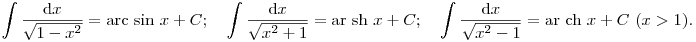  \int \frac{{\rm d}x}{\sqrt{1-x^2}} = {\rm arc~sin~} x + C;
~~~
\int \frac{{\rm d}x}{\sqrt{x^2+1}} = {\rm ar~sh~} x + C;
~~~
\int \frac{{\rm d}x}{\sqrt{x^2-1}} = {\rm ar~ch~} x + C
~(x>1).
