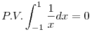 P.V.\int_{-1}^{1}\frac{1}{x}dx=0