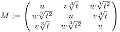 M:=\left(\matrix{u&v\root3\of{t}&w\root3\of{t^2}\cr w\root3\of{t^2}&u&v\root3\of{t}\cr v\root3\of{t}&w\root3\of{t^2}&u\cr}\right)