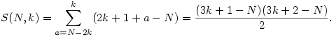 S(N,k)=\sum_{a=N-2k}^k(2k+1+a-N)=\frac{(3k+1-N)(3k+2-N)}{2}.