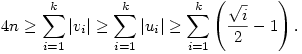 
4n \ge 
\sum_{i=1}^k |v_i| \ge
\sum_{i=1}^k |u_i| \ge
\sum_{i=1}^k \left(\frac{\sqrt{i}}2-1\right).
