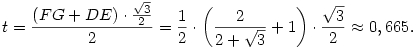 t=\frac{(FG+DE)\cdot\frac{\sqrt3}{2}}{2}=\frac{1}{2}\cdot\left(\frac{2}{2+\sqrt3}+1\right)\cdot\frac{\sqrt3}{2}\approx0,665.