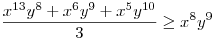 \frac{x^{13}y^{8}+x^{6}y^{9}+x^{5}y^{10}}{3}\ge x^{8}y^{9}