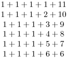 \matrix{1+1+1+1+11\cr1+1+1+2+10\cr1+1+1+3+9\cr1+1+1+4+8\cr1+1+1+5+7\cr1+1+1+6+6}