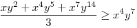 \frac{xy^{2}+x^{4}y^{5}+x^{7}y^{14}}{3}\ge x^{4}y^{7}