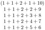 \matrix{(1+1+2+1+10)\cr1+1+2+2+9\cr1+1+2+3+8\cr1+1+2+4+7\cr1+1+2+5+6}
