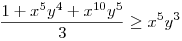 \frac{1+x^{5}y^{4}+x^{10}y^{5}}{3}\ge x^{5}y^{3}