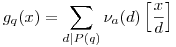 g_q(x)=\sum_{d|P(q)}\nu_a(d)\left[\frac{x}{d}\right]