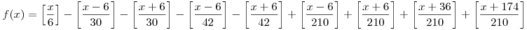 f(x)=\left[\frac{x}{6}\right]-\left[\frac{x-6}{30}\right]-\left[\frac{x+6}{30}\right]-\left[\frac{x-6}{42}\right]-\left[\frac{x+6}{42}\right]+\left[\frac{x-6}{210}\right]+\left[\frac{x+6}{210}\right]+\left[\frac{x+36}{210}\right]+\left[\frac{x+174}{210}\right]