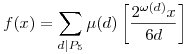 f(x)=\sum_{d|P_5}\mu(d)\left[\frac{2^{\omega(d)}x}{6d}\right]