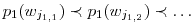 p_1(w_{j_{1,1}})\prec p_1(w_{j_{1,2}})\prec\ldots