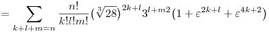 
= \sum_{k+l+m=n}\frac{n!}{k!l!m!}
\big(\root3\of{28}\big)^{2k+l}3^{l+m2}
\big(1+\varepsilon^{2k+l}+\varepsilon^{4k+2}\big)
