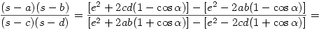 \frac{(s-a)(s-b)}{(s-c)(s-d)}=
\frac{[e^2+2cd(1-\cos\alpha)]-[e^2-2ab(1-\cos\alpha)]}
{[e^2+2ab(1+\cos\alpha)]-[e^2-2cd(1+\cos\alpha)]}=