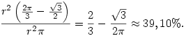 \frac{r^2\left(\frac{2\pi}{3}-\frac{\sqrt3}{2}\right)}{r^2\pi}=\frac{2}{3}-\frac{\sqrt3}{2\pi}\approx39,10\%.