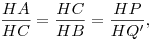 
\frac{HA}{HC} = \frac{HC}{HB} = \frac{HP}{HQ'},  