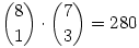 \binom{8}{1}\cdot\binom{7}{3}=280