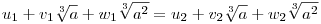 u_1+v_1\root3\of{a}+w_1\root3\of{a^2}=
u_2+v_2\root3\of{a}+w_2\root3\of{a^2}