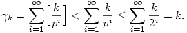 \gamma_k=\sum_{i=1}^\infty\Bigl[\frac{k}{p^i}\Bigr]<
\sum_{i=1}^\infty \frac{k}{p^i}\le \sum_{i=1}^\infty
\frac{k}{2^i}=k.