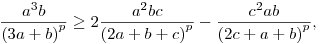 
\frac{a^3b}{{(3a+b)}^p} \ge
2\frac{a^2bc}{{(2a+b+c)}^p} - \frac{c^2ab}{{(2c+a+b)}^p},
