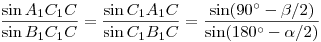 \frac{\sin A_1C_1C\sph}{\sin B_1C_1C\sph}=
\frac{\sin C_1A_1C\sph}{\sin C_1B_1C\sph}=
\frac{\sin (90^\circ-\beta/2)}{\sin (180^\circ-\alpha/2)}