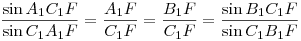 \frac{\sin A_1C_1F\sph}{\sin C_1A_1F\sph}=\frac{A_1F}{C_1F}=
\frac{B_1F}{C_1F}=\frac{\sin B_1C_1F\sph}{\sin C_1B_1F\sph}