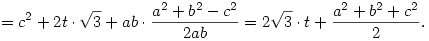 =c^2+2t\cdot\sqrt3+ab\cdot{a^2+b^2-c^2\over2ab}=2\sqrt3\cdot t+{a^2+b^2+c^2\over2}.