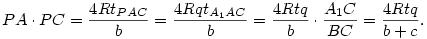 PA\cdot PC=\frac{4Rt_{PAC}}{b}=\frac{4Rqt_{A_1AC}}{b}=
\frac{4Rtq}{b}\cdot\frac{A_1C}{BC}=\frac{4Rtq}{b+c}.