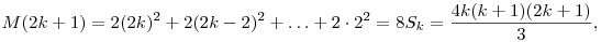 M(2k+1)=2(2k)^2+2(2k-2)^2+\ldots+2\cdot2^2=8S_k=\frac{4k(k+1)(2k+1)}{3},