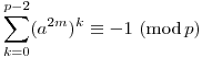 \sum_{k=0}^{p-2} (a^{2m})^k \equiv -1~(\mod p)