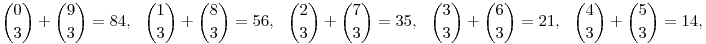 
\binom03+\binom93 = 84, ~~
\binom13+\binom83 = 56, ~~
\binom23+\binom73 = 35, ~~
\binom33+\binom63 = 21, ~~
\binom43+\binom53 = 14,

