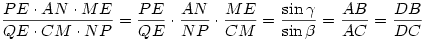 \frac{PE \cdot AN \cdot ME}{QE \cdot CM \cdot NP}=
{PE\over QE}\cdot {AN\over NP}\cdot {ME\over CM}=
\frac{\sin\gamma}{\sin\beta}=\frac{AB}{AC}=\frac{DB}{DC}