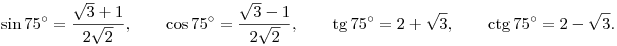 
\sin 75^\circ=\frac{\sqrt3+1}{2\sqrt2}, \qquad
\cos 75^\circ=\frac{\sqrt3-1}{2\sqrt2}, \qquad
\tg 75^\circ=2+\sqrt3, \qquad
\ctg 75^\circ=2-\sqrt3.
