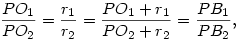 {PO_1\over PO_2}={r_1\over r_2}={PO_1+r_1\over PO_2+r_2}={PB_1\over PB_2},