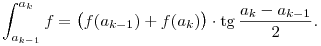 
\int_{a_{k-1}}^{a_k} f = \big(f(a_{k-1})+f(a_k)\big) \cdot \tg\frac{a_k-a_{k-1}}2.
