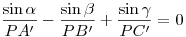 \frac{\sin\alpha}{PA'}-\frac{\sin\beta}{PB'}+\frac{\sin\gamma}{PC'}=0