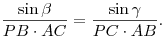 \frac{\sin\beta}{PB\cdot AC}=\frac{\sin\gamma}{PC\cdot AB}.