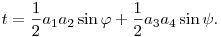 
t = \frac12 a_1a_2\sin\varphi + \frac12 a_3a_4\sin\psi.
