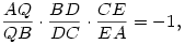  \frac{AQ}{QB} \cdot \frac{BD}{DC} \cdot \frac{CE}{EA} = -1, 