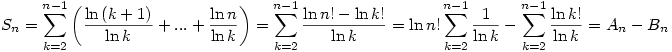 S_n=\sum_{k=2}^{n-1}\left(\frac{\ln{(k+1)}}{\ln k}+ ... +\frac {\ln n}{\ln k}\right)=\sum_{k=2}^{n-1}\frac{\ln n!-\ln k!}{\ln k}=\ln n!\sum_{k=2}^{n-1}\frac1{\ln k}-\sum_{k=2}^{n-1}\frac{\ln k!}{\ln k}=A_n-B_n