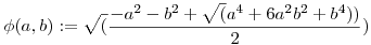 \phi(a,b):=\sqrt(\frac{-a^2-b^2+\sqrt(a^4+6a^2b^2+b^4))}2)