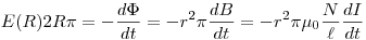 E(R)2R\pi=-\frac{d\Phi}{dt}=-r^2\pi\frac{dB}{dt}=-r^2\pi\mu_0\frac{N}\ell\frac{dI}{dt}