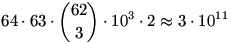 64 \cdot 63 \cdot \binom{62}{3} \cdot 10^3 \cdot 2 \approx 3 \cdot 10^{11}
