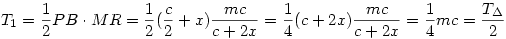 T_1=\frac {1}{2} PB \cdot MR=
 \frac {1}{2} (\frac{c}{2}+x)  \frac {mc}{c+2x}=\frac {1}{4}(c+2x) \frac {mc}{c+2x}=\frac {1}{4}mc=\frac{T_{\Delta}  }{2}