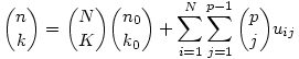 \binom{n}{k}= \binom{N}{K} \binom{n_0}{k_0} + \sum_{i=1}^{N} \sum_{j=1}^{p-1}\binom{p}{j} u_{ij}