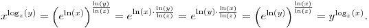 x^{\log_z(y)}=\left(e^{\ln(x)}\right)^{\frac{\ln(y)}{\ln(z)}}=e^{\ln(x)\cdot\frac{\ln(y)}{\ln(z)}}=e^{\ln(y)\cdot\frac{\ln(x)}{\ln(z)}}=\left(e^{\ln(y)}\right)^{\frac{\ln(x)}{\ln(z)}}=y^{\log_z(x)}.
