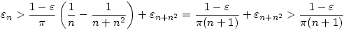 \varepsilon_n>\frac{1-\varepsilon}\pi\left(\frac 1n-\frac 1{n+n^2}\right)+\varepsilon_{n+n^2}=\frac{1-\varepsilon}{\pi(n+1)}+\varepsilon_{n+n^2}>\frac{1-\varepsilon}{\pi(n+1)}