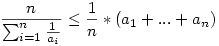 \frac{n}{\sum_{i=1}^{n}\frac{1}{a_{i}}}\le\frac{1}{n}*(a_{1}+...+a_{n})