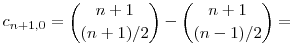 
c_{n+1,0} = 
\binom{n+1}{(n+1)/2} - \binom{n+1}{(n-1)/2} =
